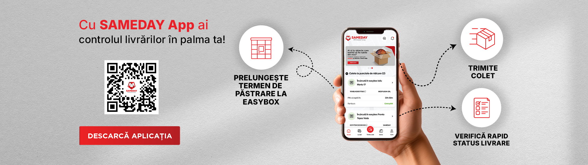 Telefon care afiseaza aplicatia Sameday si functii precum trimitere colet, verificare status livrare si prelungire termen de pastrare la easybox